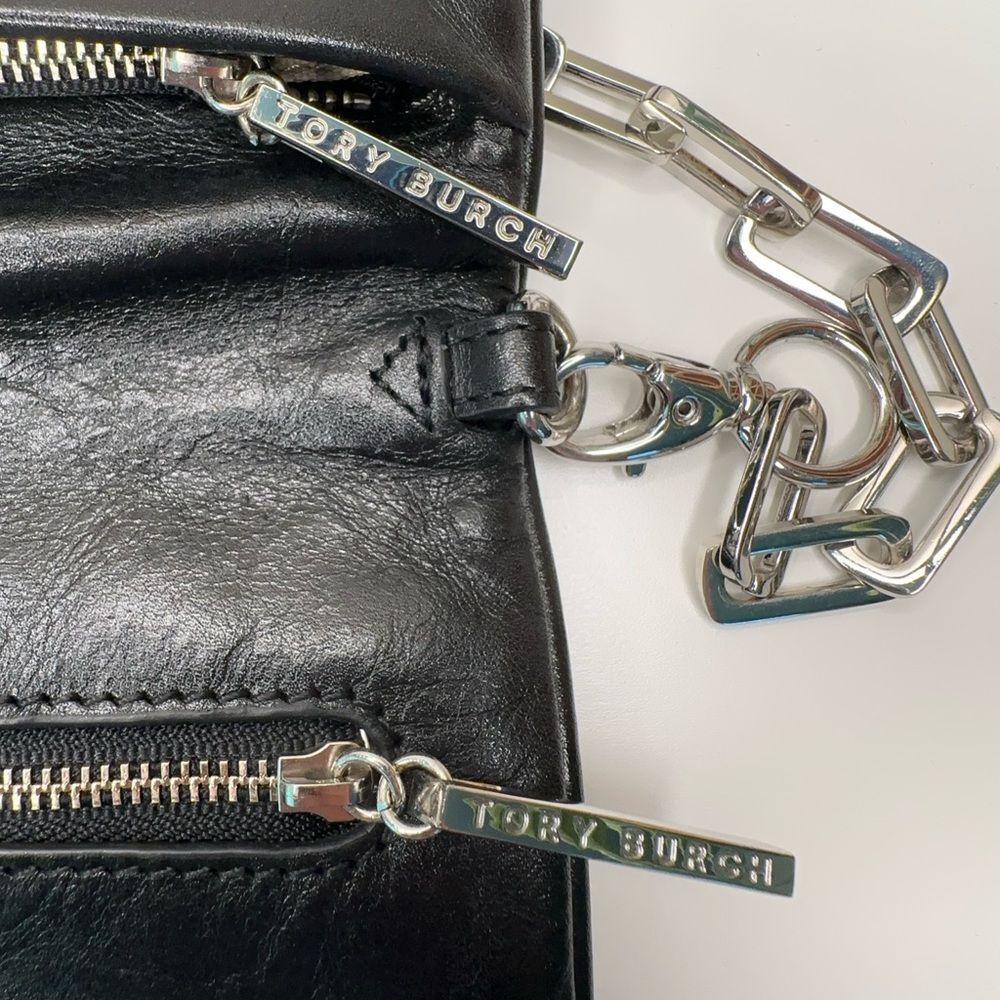 Tory Burch Black Leather Fold-Over Clutch | Removable Chain Strap | Silver Logo - Picture 7 of 12